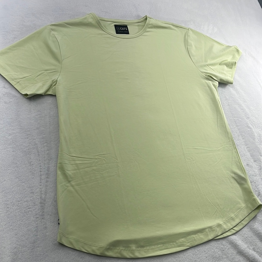 Cuts L Lime Green Curve Hem Cotton Blend Crew Short Sleeve T Shirt Minimalist